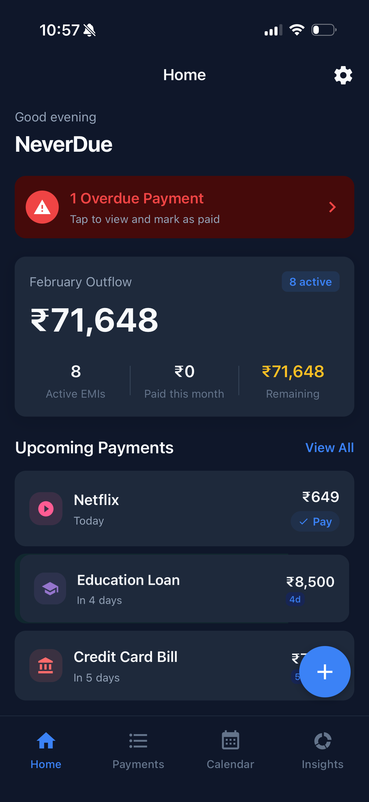 NeverDue app home screen showing monthly outflow, active EMIs, and upcoming payments